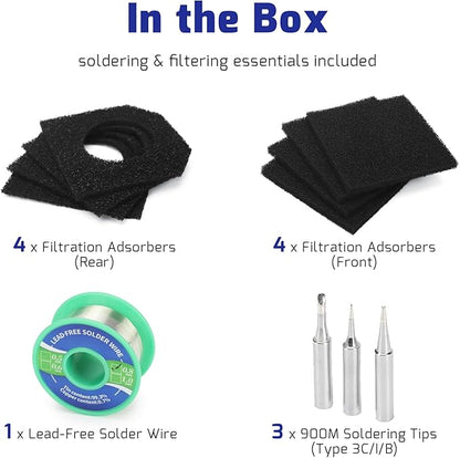 WEP 948DQ-II Double Filter Fume Extractor Soldering Iron Station 2-in-1 Solder Smoke Absorber, Soldering Fan with PID Control,℉/℃, Sleep Mode, Tip Cleaner, 3 Soldering Tips, 35g Solder