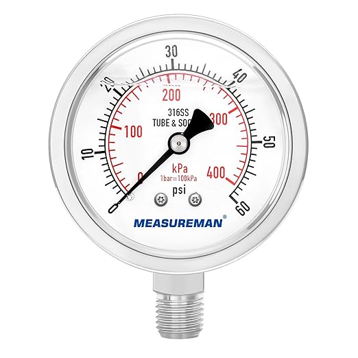 MEASUREMAN Fully Stainless Steel Hydraulic Glycerin Filled Pressure Gauge, 2-1/2" Dial Size, 1/4" NPT Lower Mount, 0-60psi/kpa