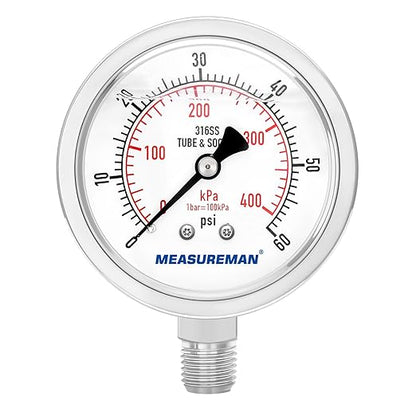 MEASUREMAN Fully Stainless Steel Hydraulic Glycerin Filled Pressure Gauge, 2-1/2" Dial Size, 1/4" NPT Lower Mount, 0-60psi/kpa