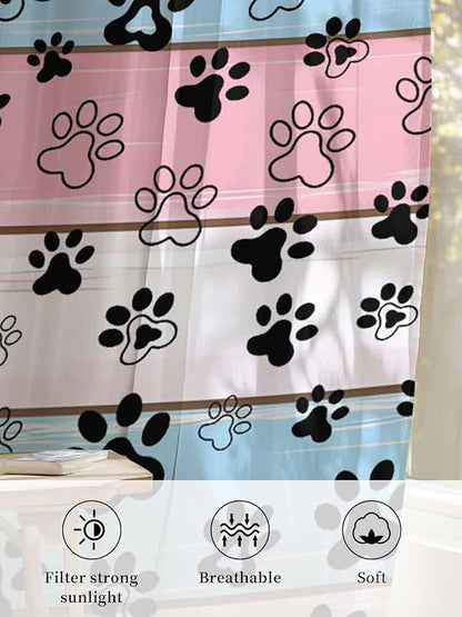 Sheer Curtains 72 Inches Long, Pink Blue Paw Print Semi Sheer Curtains Light Filtering Window Treatment, Vintage Farmhouse Wooden Grain Privacy Voile Drapes for Living Room Bedroom 52x72 Inch