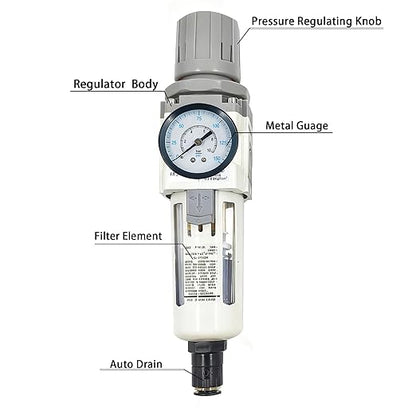 XingNEeng 3/8" NPT Compressed Air Filter Regulator Combo Piggyback, Water/Oil Trap Separator with Pressure Gauge(0-150 psi), Auto Drain, Poly Bowl, 5 Micron Brass Element, Metal Bracket