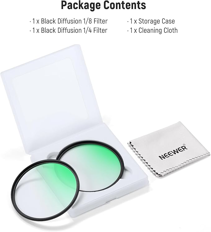 NEEWER 62mm 1/4 & 1/8 Black Diffusion Camera Lens Filter 2 Pack Set, Dreamy Cinematic Effect Filter Multicoated Glass Storage Case Cleaning Cloth, for Portrait Photography Video