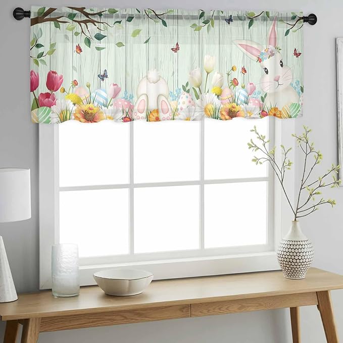 Easter Sheer Valances for Windows 42"x18", Light Filtering Kitchen Curtains Valance, Spring Watercolor Bunny Eggs Tulip Wooden Grain Teal Rod Pocket Chiffon Curtains for Living Room Bedroom Cafe