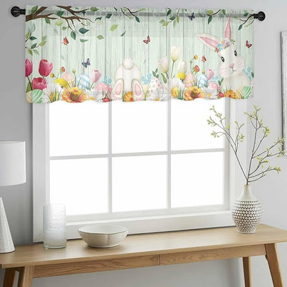Easter Sheer Valances for Windows 42"x12", Light Filtering Kitchen Curtains Valance, Spring Watercolor Bunny Eggs Tulip Wooden Grain Teal Rod Pocket Chiffon Curtains for Living Room Bedroom Cafe