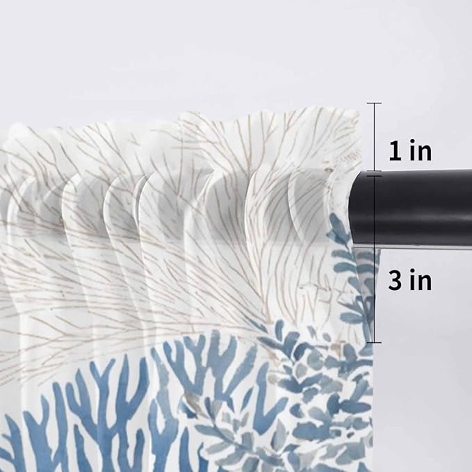 Ocean Corals Sheer Valance Curtains, Summer Beach Coral Sea Stars Light Filtering Kitchen Valances Rod Pocket Voile Curtain Window Treatment for Bedroom/Living Room/Basement 54Wx18L