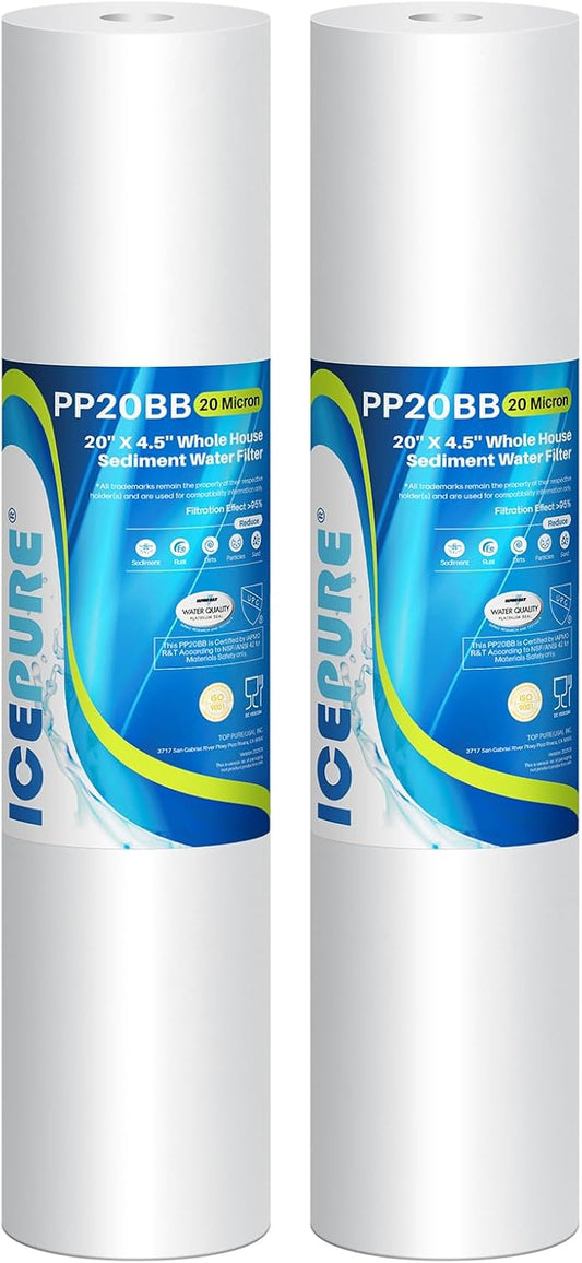ICEPURE 20 Micron 20" x 4.5" Whole House Sediment Home Water Filter Replacement Cartridge, Compatible with SP-DD-5005-20BB, FPMB5-20, AP810-2, 155358-43, SDC-45-2005, 2PP20BB1M, P5-20, FP25B, 2 Pack