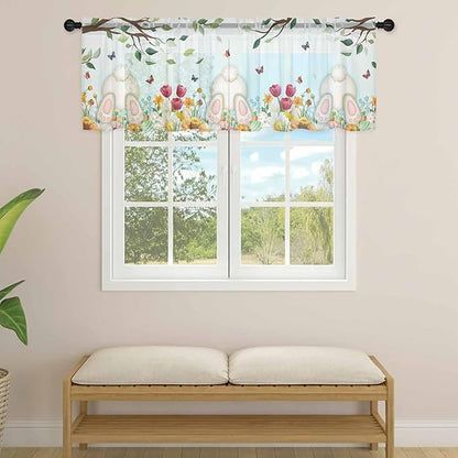Easter Sheer Valances for Windows 42"x12", Light Filtering Kitchen Curtains Valance, Spring Watercolor Eggs Country Tulip Flower Plant Rod Pocket Chiffon Curtains for Living Room Bedroom Cafe