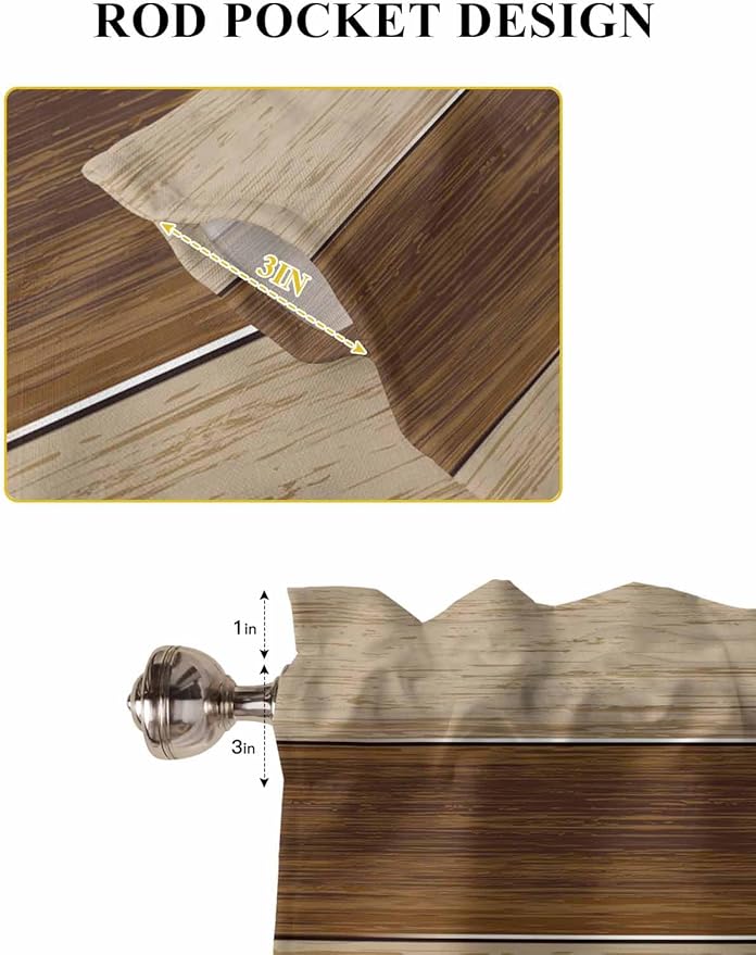 Retro Country Brown Wooden Board Window Valance Curtains, Farmhouse Gradient Plank Light Filtering Kitchen Valance with 3-inch Rod Pocket for Living Room Bathroom Bedroom,2 Panel,27.5x36In