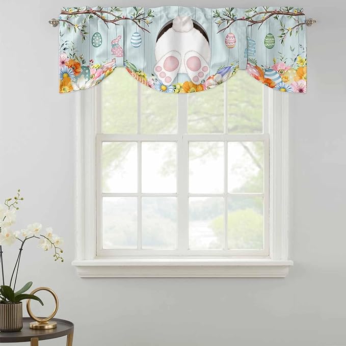 Easter Bunny Tie Up Valance Curtains for Windows, Kitchen Curtains Window Shades, Easter Eggs Spring Farmhouse Wood Grain Teal Blue Light Filtering Curtain Valances for Bedroom/Bathroom/Cafe 42"x12"