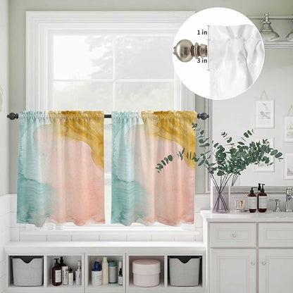 Kitchen Window Curtains Valance and Tier Set, Abstract Desert Mountains Rod Pocket Tier Curtain Valance Set, Modern Minimalist Art Light Filtering Cafe Curtains for Bedroom Living Room