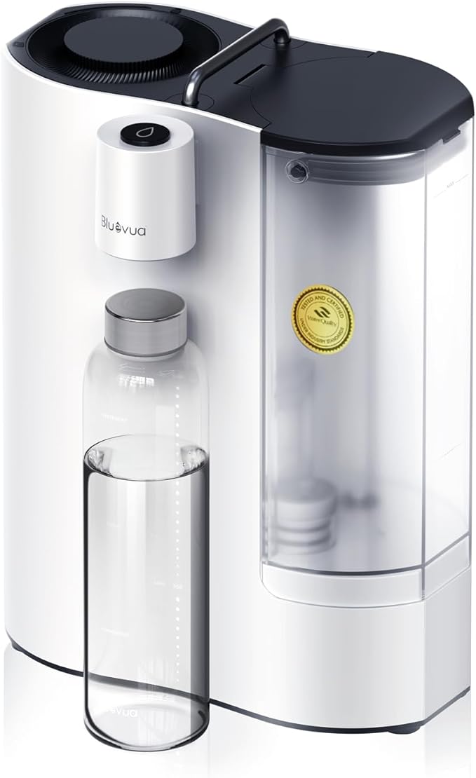Bluevua RO100ROPOT-Travel Reverse Osmosis System Countertop Water Filter, Compact 6-Stage Filtration with UV, Includes Glass Bottle, Portable Water Purifier for Home & Travel, White