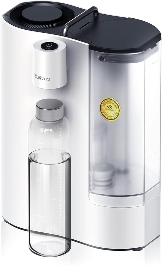 Bluevua RO100ROPOT-Travel Reverse Osmosis System Countertop Water Filter, Compact 6-Stage Filtration with UV, Includes Glass Bottle, Portable Water Purifier for Home & Travel, White