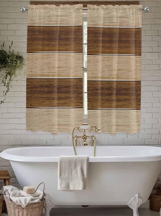 Retro Country Brown Wooden Board Window Valance Curtains, Farmhouse Gradient Plank Light Filtering Kitchen Valance with 3-inch Rod Pocket for Living Room Bathroom Bedroom,2 Panel,42x63In