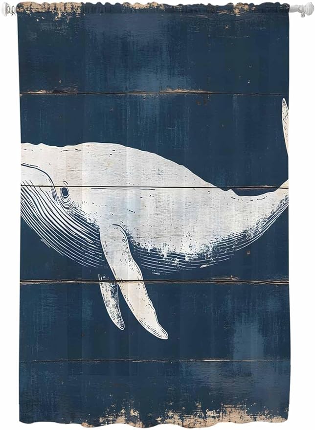 Sheer Curtains 72 Inches Long, Ocean Whale Blue Semi Sheer Curtains Light Filtering Window Treatment, Watercolor Coastal Vintage Wood Grain Privacy Voile Drapes for Living Room Bedroom 52x72 Inch
