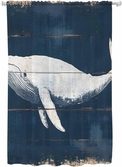 Sheer Curtains 72 Inches Long, Ocean Whale Blue Semi Sheer Curtains Light Filtering Window Treatment, Watercolor Coastal Vintage Wood Grain Privacy Voile Drapes for Living Room Bedroom 52x72 Inch