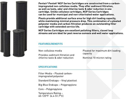 Pentair Pentek NCP-20 Carbon Water Filter, 20-Inch, Whole House Non-Cellulose Carbon Impregnated Pleated Filter Cartridge, 20" x 2.5", 10 Micron