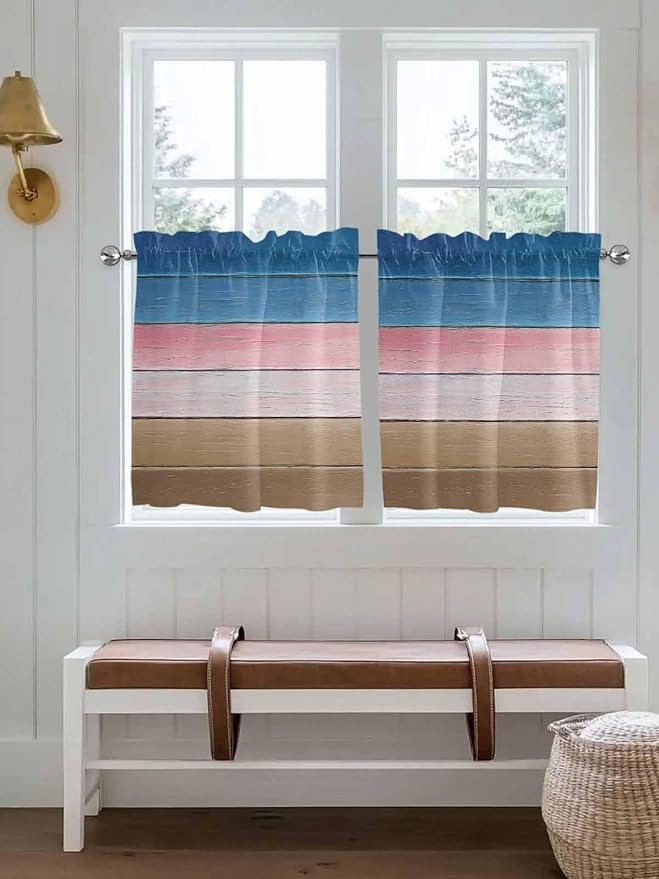 Blue Pink Brown Gradient Wood Grain Window Valance Curtains, Vintage Wood Board Light Filtering Kitchen Valance with 3-inch Rod Pocket for Living Room Bathroom Bedroom,2 Panel,27.5x24In