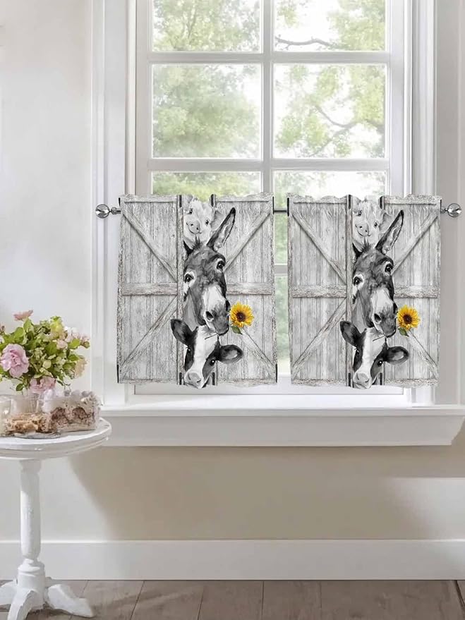 Grey Farmhouse Half Window Curtains 24 Inches Long, Vintage Sunflowers Animals Printed Window Treatment Curtain Drapes, Short Curtains Tiers for Kitchen Over Sink, 27.5"x24", 2 Panels