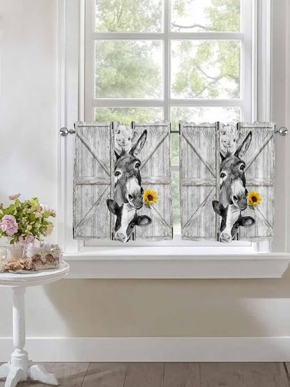 Grey Farmhouse Half Window Curtains 24 Inches Long, Vintage Sunflowers Animals Printed Window Treatment Curtain Drapes, Short Curtains Tiers for Kitchen Over Sink, 27.5"x24", 2 Panels