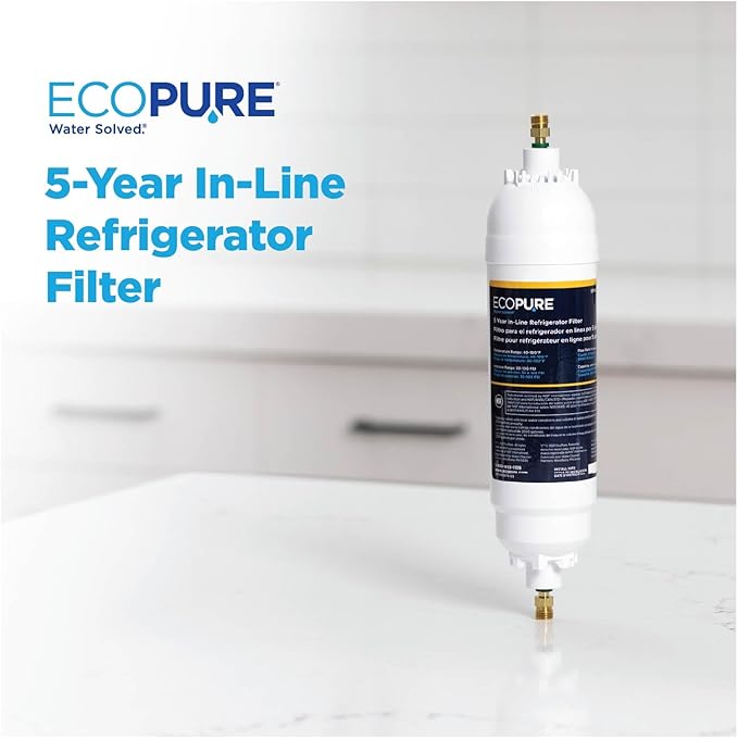 EcoPure EPINL30 5-Year In-Line Refrigerator Water Filter – Universal Fit for Most Fridges, Ice Makers, RVs & Boats – Reduces Chlorine Taste & Odor – Easy DIY Install with 1/4" Fittings