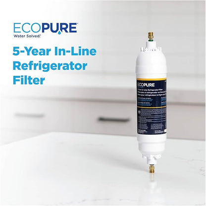 EcoPure EPINL30 5-Year In-Line Refrigerator Water Filter – Universal Fit for Most Fridges, Ice Makers, RVs & Boats – Reduces Chlorine Taste & Odor – Easy DIY Install with 1/4" Fittings