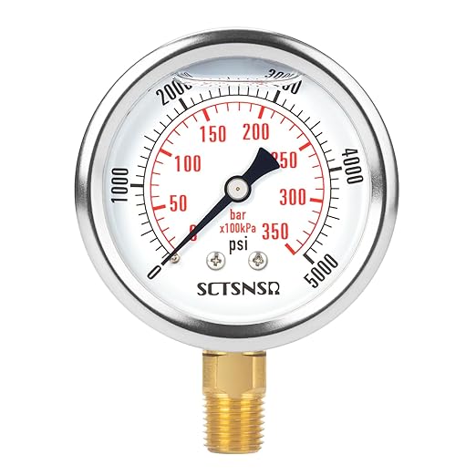 2-1/2" Dial Size, 0-5000 Psi Pressure Gauge, Glycerin Liquid Filled, 1/4" NPT Lower Mount, Stainless Steel Case, for Regulator, HVAC System, Beer Keg, Brew Setup, Hydraulic, High Pressure Test