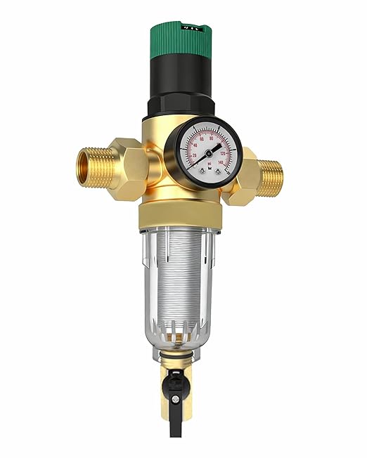 Spin Down Sediment Filter with Water Pressure Regulator, 2 in 1 Whole House Prefilter System with Gauge,50 Micron, 1.25" MNPT + 1" FNPT + 1" MNPT, Heavy Duty Brass