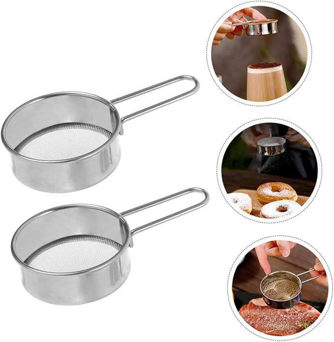 Healifty 2Pcs Stainless Steel Powder Sugar Sifter Baking Flour Sieve with Ergonomic Handle for Home and Professional Use Lightweight and Easy to Operate