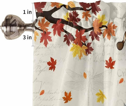 Fall Kitchen Curtain Set, Thanksgiving Gnomes Maple Leaf Pumpkin Beige Window Valance and Tiers 24" Length, Light Filtering Short Curtains Valance for Cafe Bathroom Bedroom 54"x18"