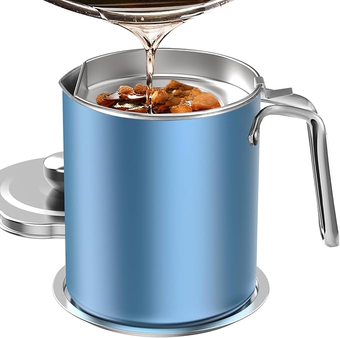 Chihee Stainless Steel Bacon Grease Saver - 2L / 67.6 fl oz Oil Container with Fine Mesh Strainer and Non-slip Tray for Kitchen Storing Frying Cooking Grease