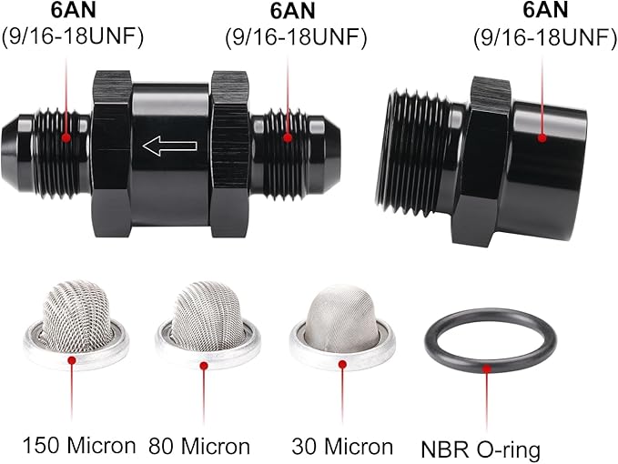 6AN Inline Fuel & Oil Feed Filter Set with 30 80 150 Micron Elements Aluminum Black