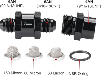 6AN Inline Fuel & Oil Feed Filter Set with 30 80 150 Micron Elements Aluminum Black