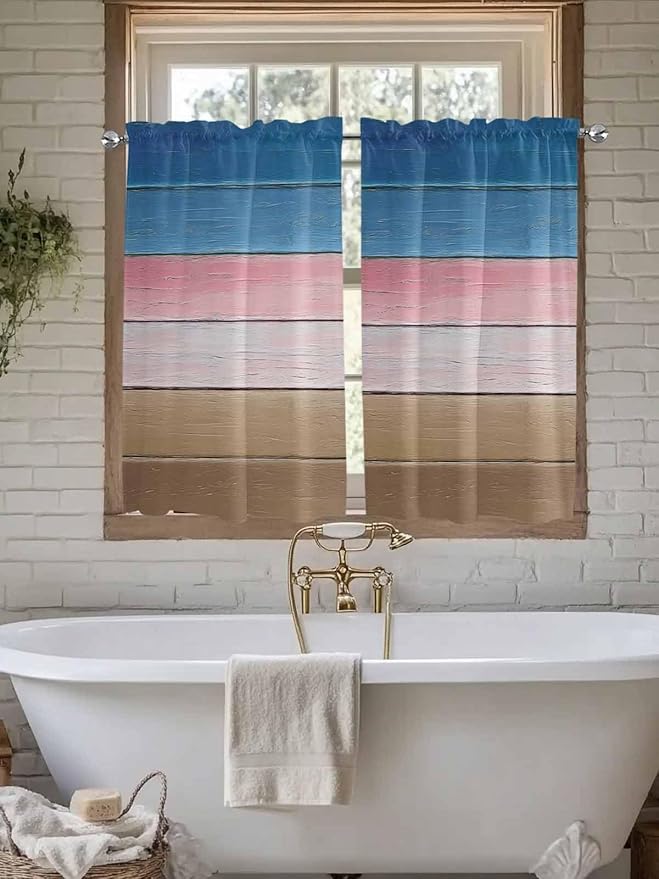Blue Pink Brown Gradient Wood Grain Window Valance Curtains, Vintage Wood Board Light Filtering Kitchen Valance with 3-inch Rod Pocket for Living Room Bathroom Bedroom,2 Panel,42x45In