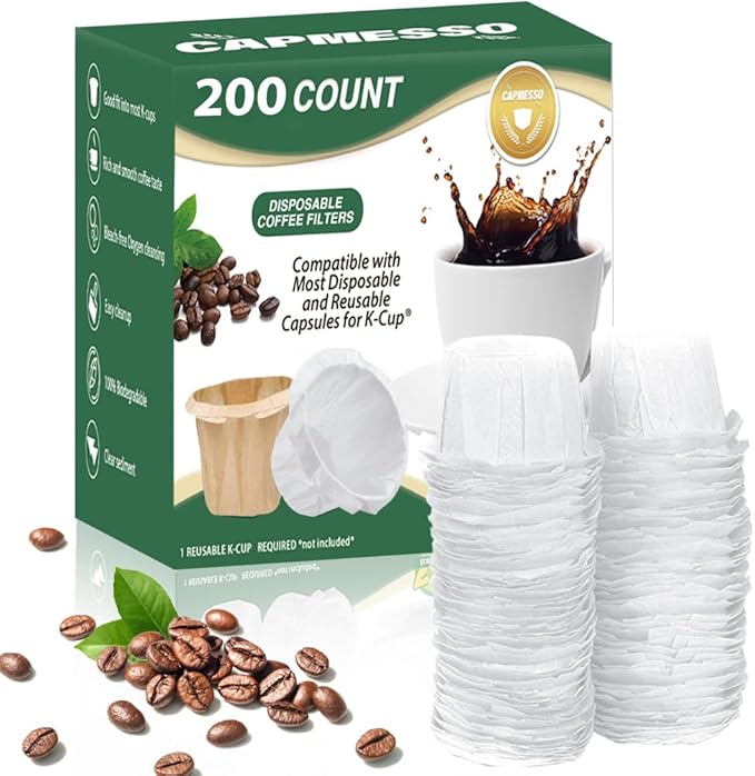 CAPMESSO Disposable Coffee Paper Filters, 200 Count Keurg Cup Coffee Filters Compatible with Keurg Brewers Reusable Single Serve 1.0 and 2.0 Coffee Maker (200 Count, White)