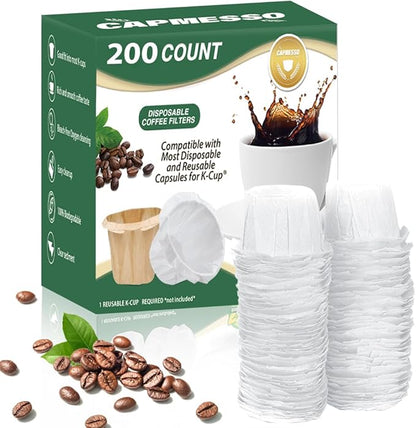 CAPMESSO Disposable Coffee Paper Filters, 200 Count Keurg Cup Coffee Filters Compatible with Keurg Brewers Reusable Single Serve 1.0 and 2.0 Coffee Maker (200 Count, White)