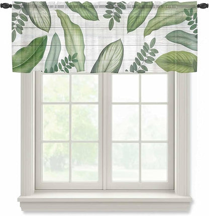Summer Palm Leaf Sheer Valance Curtains, Green Tropical Plants Nature Leaves Wood Grain Light Filtering Kitchen Valances Rod Pocket Voile Curtain Treatment for Bedroom/Living Room/Basement 42Wx18L