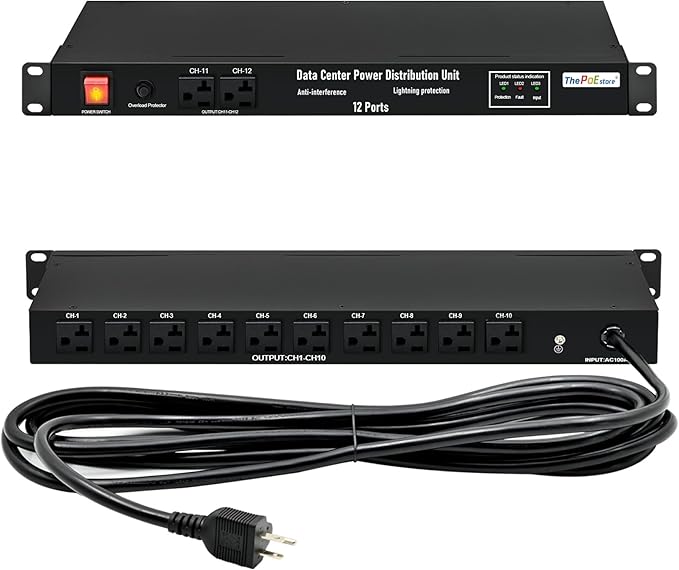 1U PDU Network Servers Surge Protector Power Distribution Unit 12-Outlet, 120V 20A, 3600 Joules 10KA,19″ Rack Mount Power Strip,Heavy-Duty 12AWG 16 ft Cord,w/AC Filter