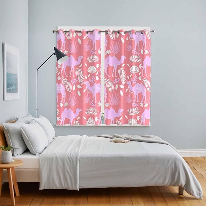 2 Panel Kitchen Cafe Curtains, Desert Camel Sunlight Filtering Nature Air Through, Window Decor Tier Curtains for Living Room 104W x 84L inch Vintage Sand Camel Leaves Flower Pattern Pink