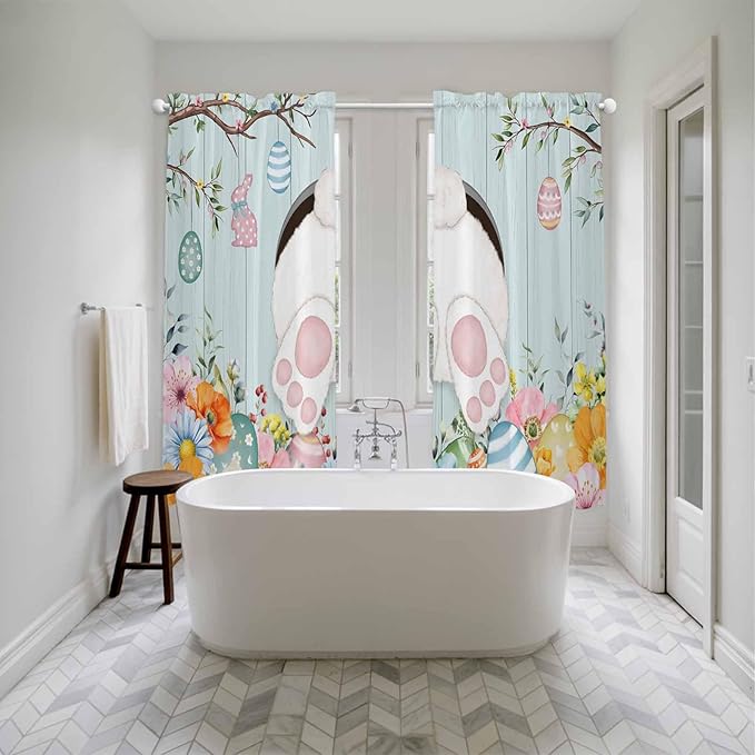 Easter Bunny Window Curtains 72 Inch Long 2 Panel Set,Rod Pocket Long Curtains & Drapes,Easter Eggs Spring Farmhouse Wood Grain Teal Blue Light Filtering Window Treatment for Bedroom 52"W x 72"L