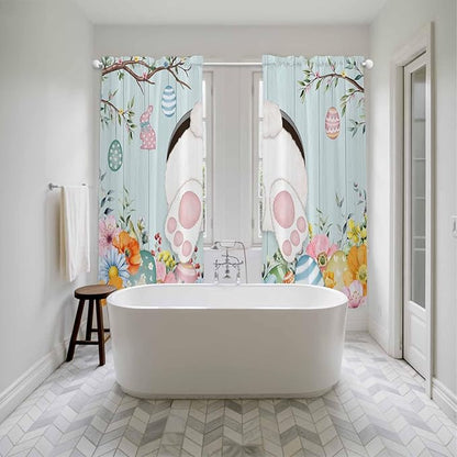 Easter Bunny Window Curtains 72 Inch Long 2 Panel Set,Rod Pocket Long Curtains & Drapes,Easter Eggs Spring Farmhouse Wood Grain Teal Blue Light Filtering Window Treatment for Bedroom 52"W x 72"L