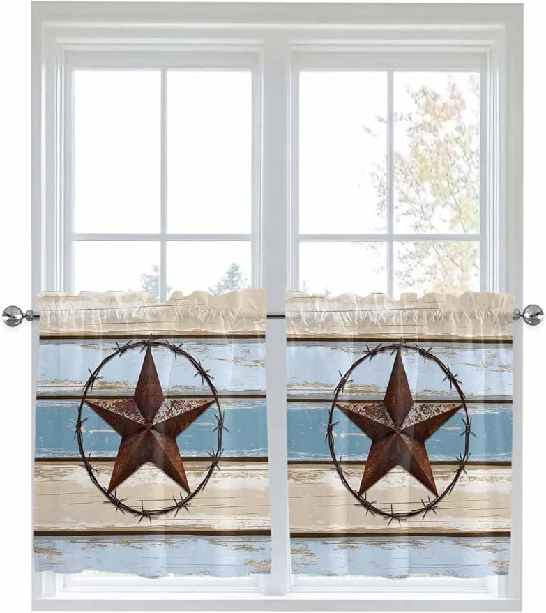 Vintage Western Star on Wood Grain Window Valance Curtains, Retro Wooden Texture Light Filtering Kitchen Valance with 3-inch Rod Pocket for Living Room Bathroom Bedroom,2 Panel,27.5x36In
