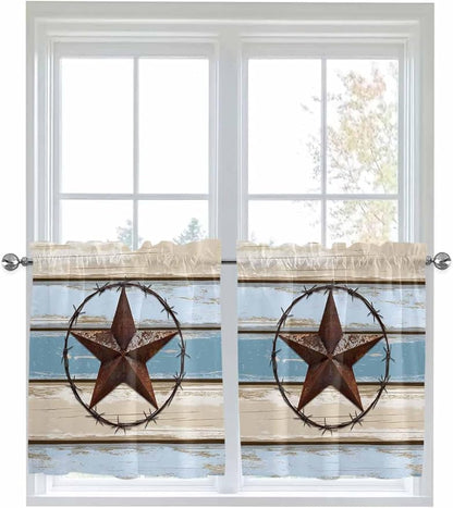 Vintage Western Star on Wood Grain Window Valance Curtains, Retro Wooden Texture Light Filtering Kitchen Valance with 3-inch Rod Pocket for Living Room Bathroom Bedroom,2 Panel,27.5x36In