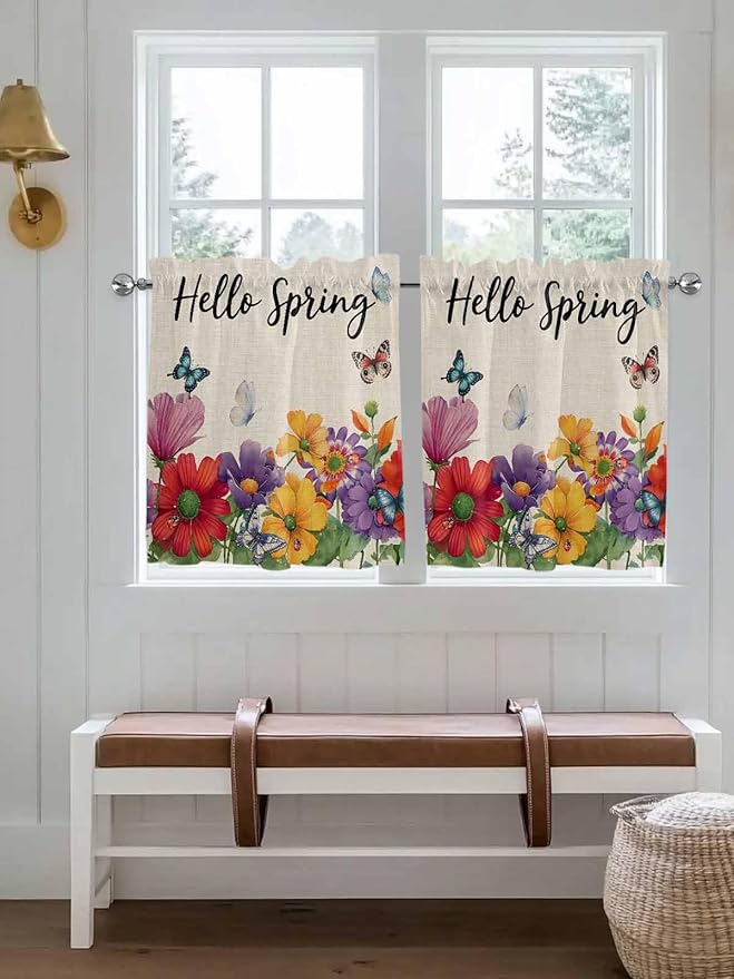 Spring Flowers Half Window Curtains 24 Inches Long, Farmhouse Vintage Country Colorful Floral Window Treatment Curtain Drapes, Short Curtains Tiers for Kitchen Over Sink, 27.5"x24", 2 Panels