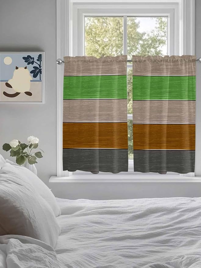 Farm Gray Green Brown Wood Grain Window Valance Curtains, Rustic Wooden Plank Light Filtering Kitchen Valance with 3-inch Rod Pocket for Living Room Bathroom Bedroom,2 Panel,52x54In