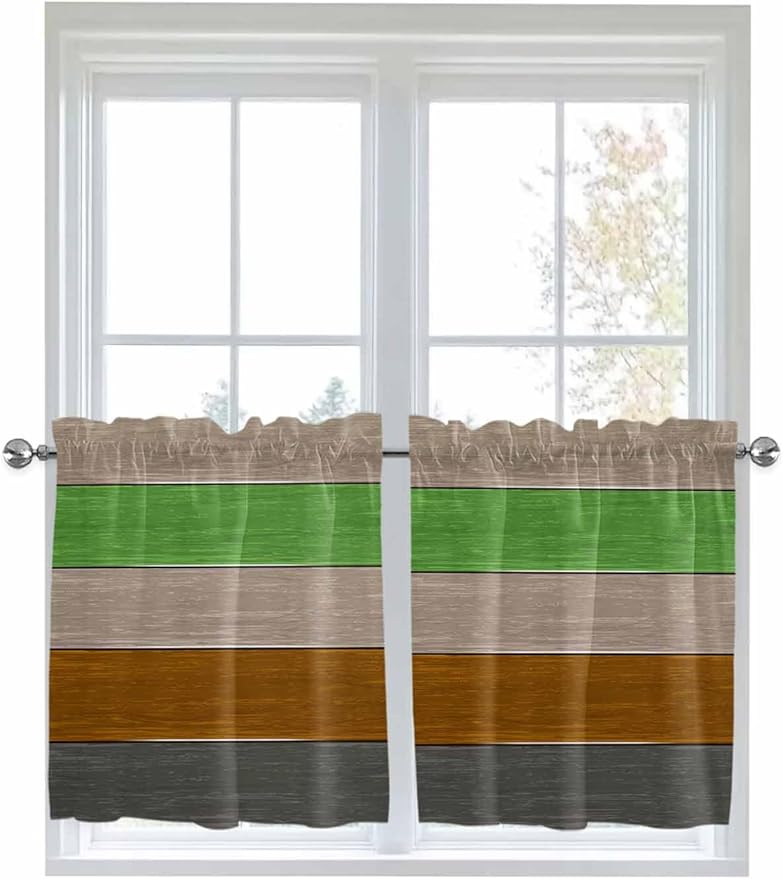 Farm Gray Green Brown Wood Grain Window Valance Curtains, Rustic Wooden Plank Light Filtering Kitchen Valance with 3-inch Rod Pocket for Living Room Bathroom Bedroom,2 Panel,27.5x24In
