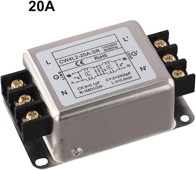 Single-Phase Two-Stage Power Supply Filter for Industrial Equipment — Conducted Noise Suppressor, Compact Chassis Mount, Alloy Housing, 250V, 3A/6A/10A/20A(20A)