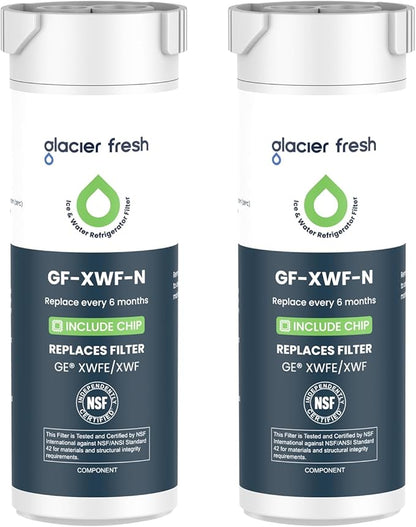 GLACIER FRESH Water Filter Compatible with XWFE (Built-in CHIP), Replacement for GE XWFE, XWF Refrigerator Water Filter NSF/ANSI 42 Certification Pack of 2
