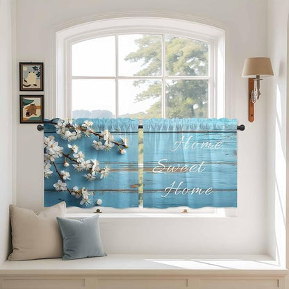 Farmhouse Wooden Grain Tier Curtains, Vintage Shabby Chic Flower Blue Light Filtering Kitchen Curtains, 2Pcs Rod Pocket Half Window Treatments Panels for Sink Cafe Cabinet Camper 27.5x36 Inches