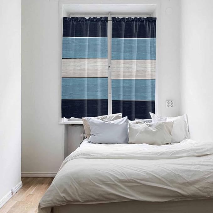 Vintage Country Woodcuts Window Valance Curtains, Blue Gradient Striped Light Filtering Kitchen Valance with 3-inch Rod Pocket for Living Room Bathroom Bedroom,2 Panel,42x63In