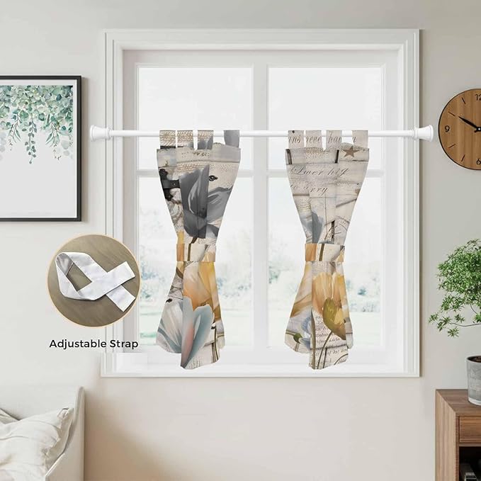 Spring Tulips Flower Bedroom Curtains 63 Inch Length, Window Curtains Tab Top, Vintage Floral Barn Doors Rustic Beige Light Filtering Window Treatments Drapes 42"x63" 2 Panel
